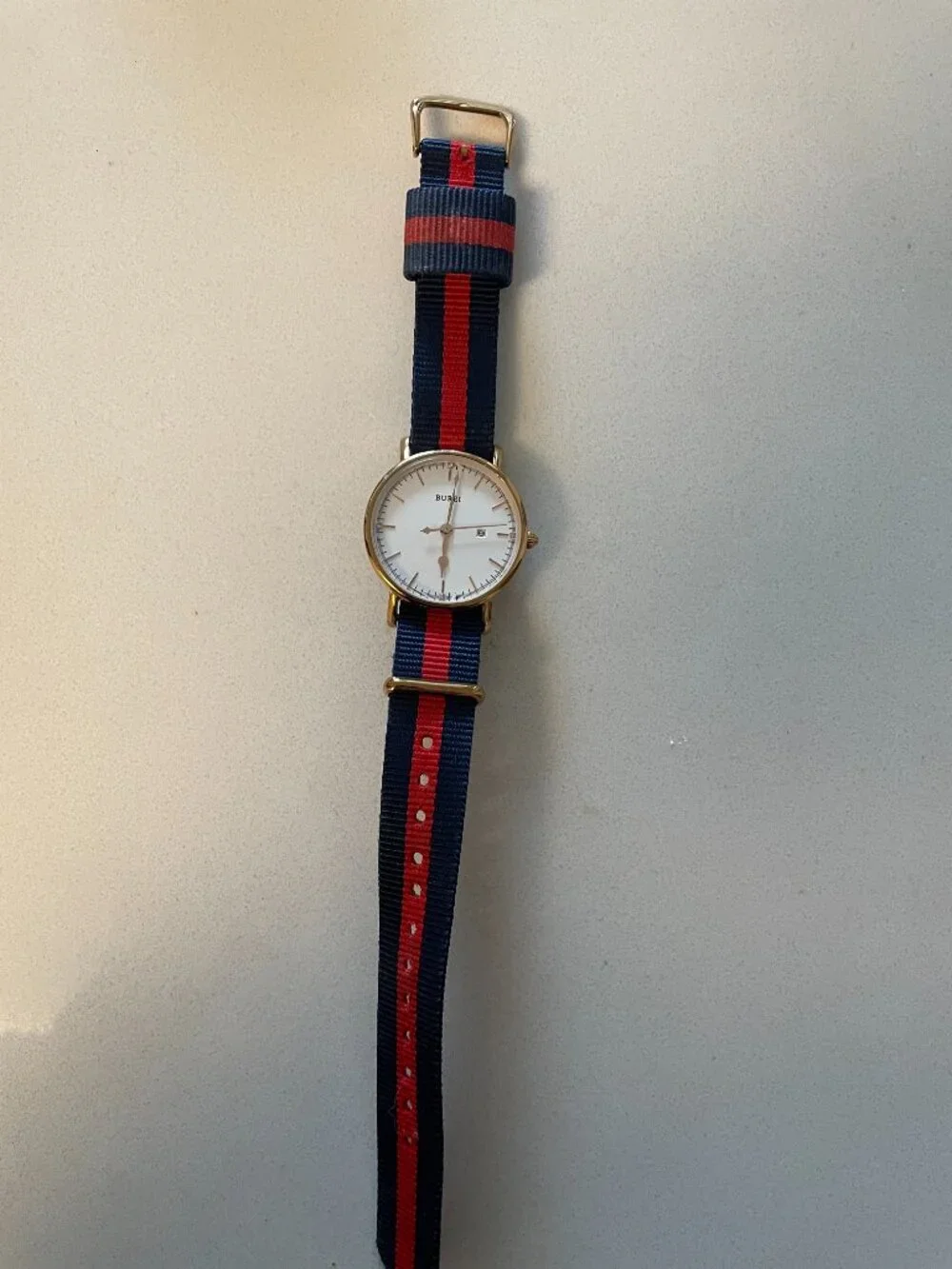 Burei Men’s Watch 41mm Rose Gold Tone Case Blue/Red NATO Band White Dial A15